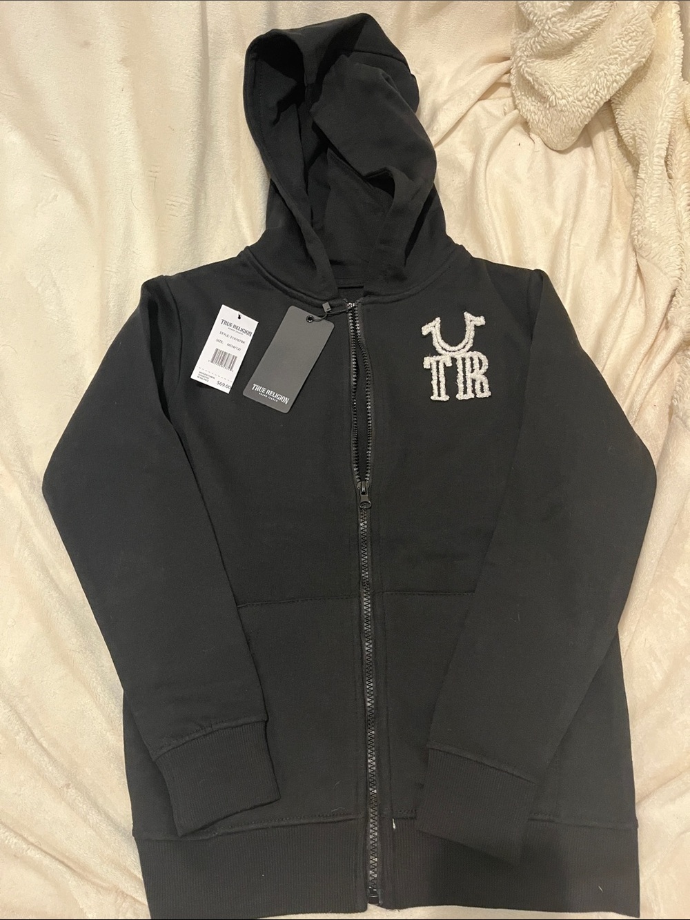 True Religion Kids Black Zip Hoodie with White Chenille Logo